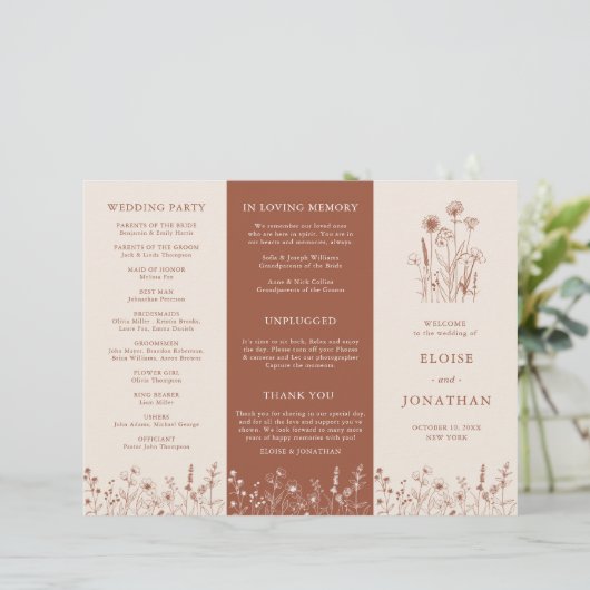 Papier Terracotta Rustic Fall Fleur sauvage Wedding Progr (Debout devant)