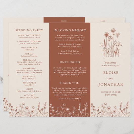 Papier Terracotta Rustic Fall Fleur sauvage Wedding Progr (Devant / Derrière)