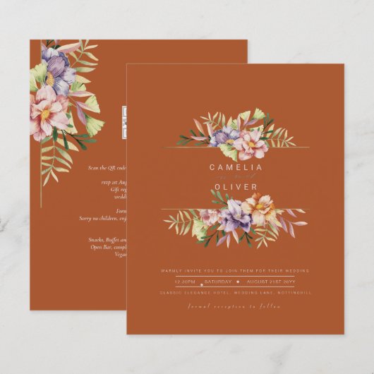 Papier Terracotta Summer Floral Wedding Inviter QR Code (Devant / Derrière)
