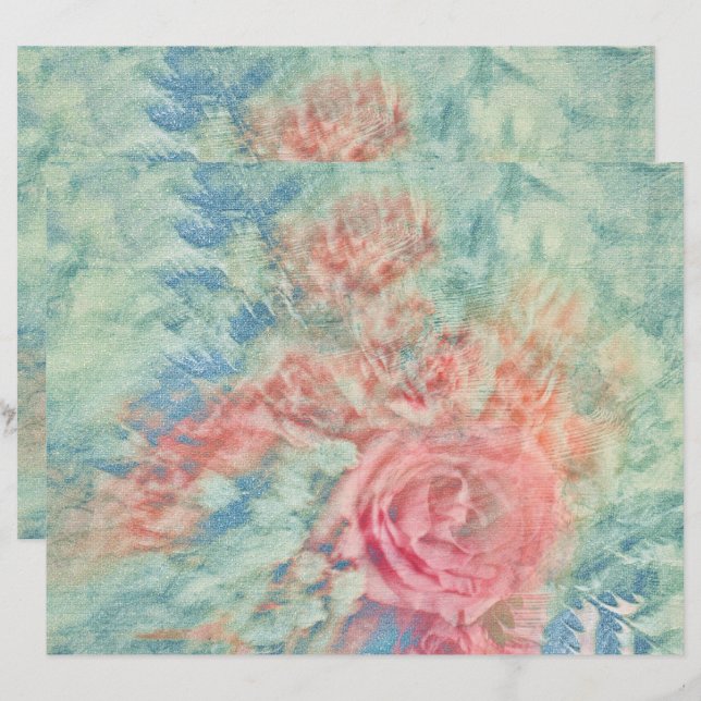 Papier Texture Floral Vintage Rose Bleu Sarcelle (Devant / Derrière)