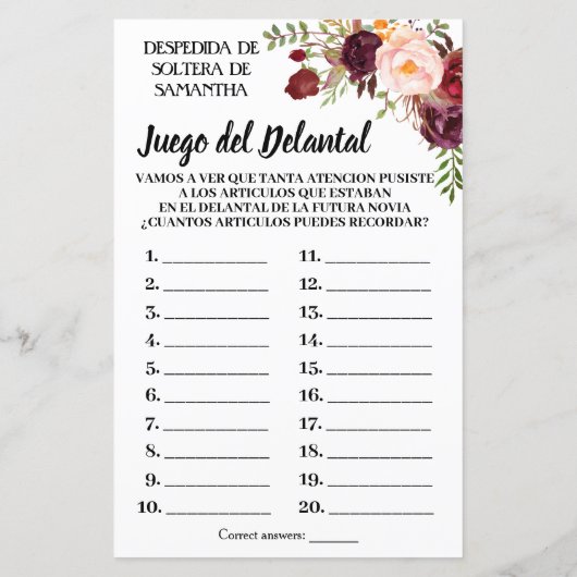 Papier Tha Apron nuptiale douche jeu anglais espagnol (Dos)