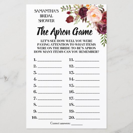 Papier Tha Apron nuptiale douche jeu anglais espagnol (Devant)