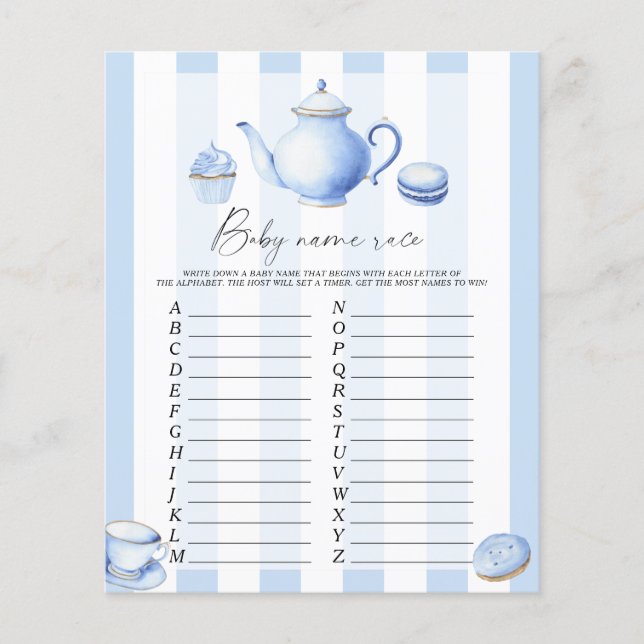 Papier Thé party bleu - Jeu de course de noms de bébé (Devant)