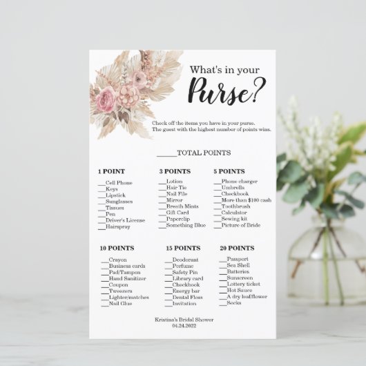 Papier Thème Boho What's In Your Purse Shower Game (Debout devant)
