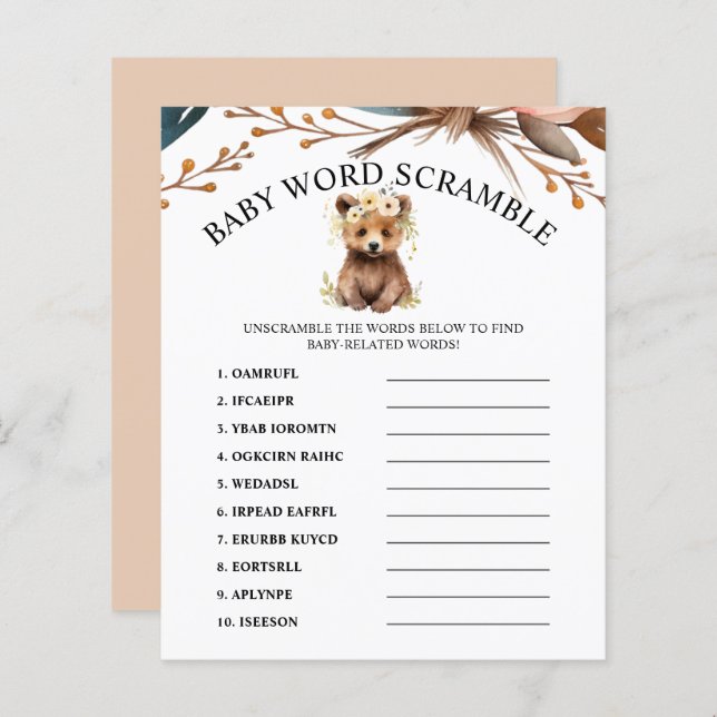 Papier Thème de l'ours rustique Baby shower de mots Jeu d (Devant / Derrière)