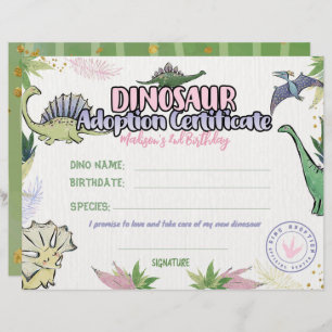 Papier Thème Dinosaur Party, Certificat Dino Adoption