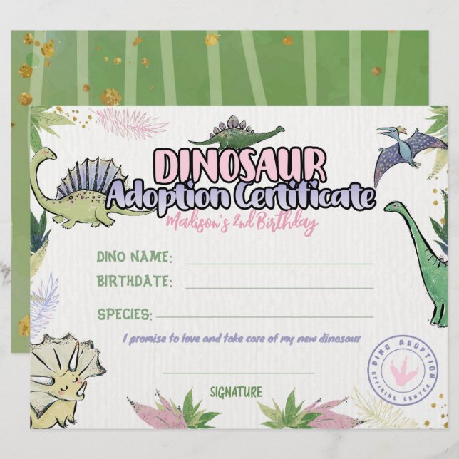 Papier Thème Dinosaur Party, Certificat Dino Adoption (Devant / Derrière)