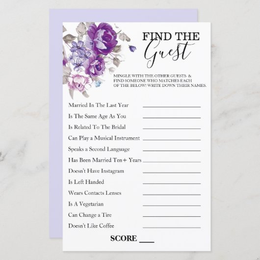 Papier Thème floral violet Trouvez le jeu d'invité (Devant / Derrière)