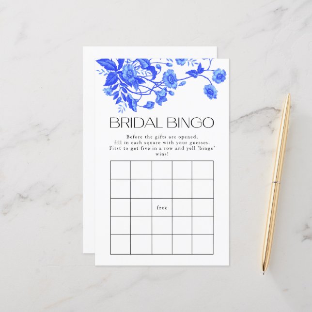 Papier Toile Bleu Floral Bride Jeu de Bingo (Devant/Arrière en situation)