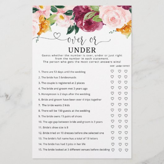 Papier Tomber sur ou sous le jeu de douche nuptiale (Devant)