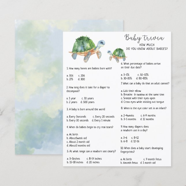 Papier Tortue de mer - Trivia de bébé | Jeu Baby shower (Devant / Derrière)