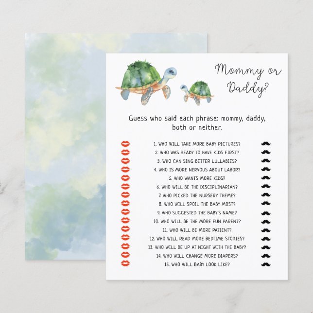 Papier Tortues de mer - jeu de baby shower maman ou papa (Devant / Derrière)