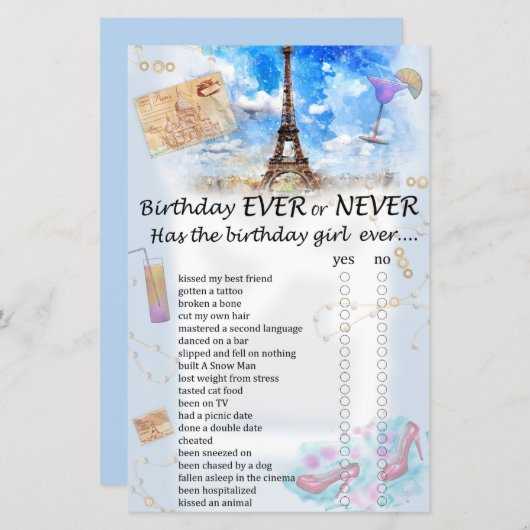 Papier Tour Eiffel Anniversaire jamais ou jamais jeu (Devant / Derrière)