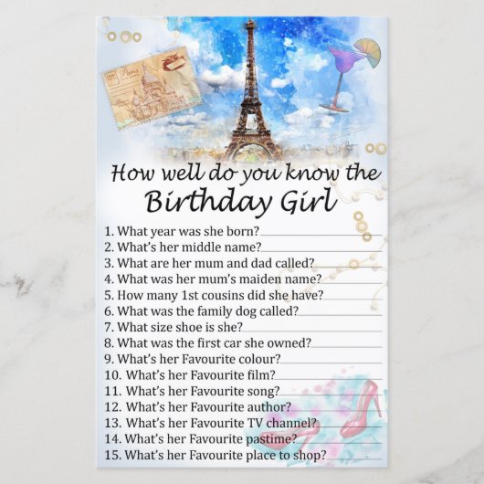 Papier Tour Eiffel Connaissez-vous bien la fille d'annive (Devant)