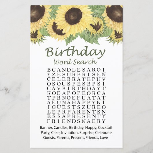 Papier tournesol Anniversaire mot recherche jeu (Devant)