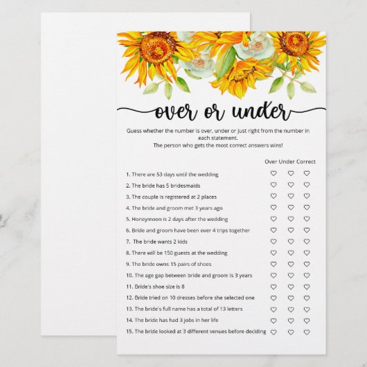 Papier Tournesol au-dessus ou sous la douche nuptiale (Devant / Derrière)