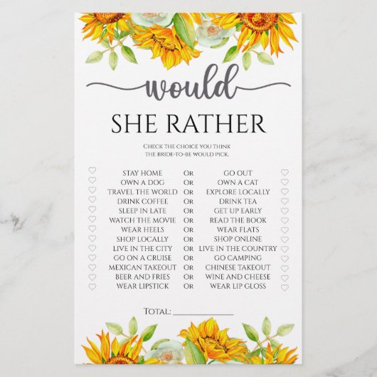 Papier Tournesol Jeu de baby shower « Would she rather »  (Devant)