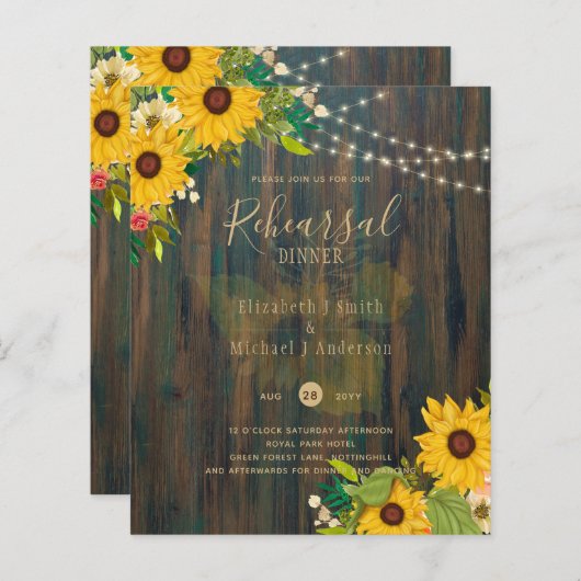 Papier Tournesols d'été Rustic Wood REHEARSAL DINNER Inv (Devant / Derrière)