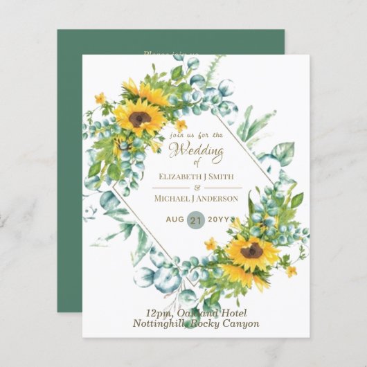Papier Tournesols Eucalyptus Vert Mariage Invitations (Devant / Derrière)