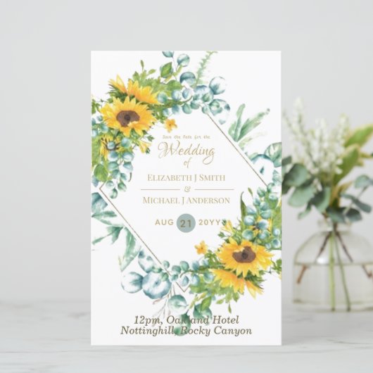 Papier Tournesols Eucalyptus Vert Mariage Invitations (Debout devant)