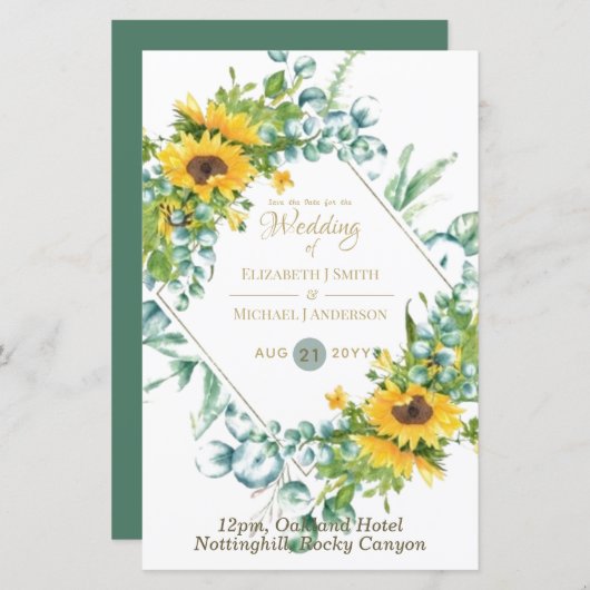 Papier Tournesols Eucalyptus Vert Mariage Invitations (Devant / Derrière)