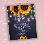 Papier Tournesols rustique chic sweet sixteen invitation<br><div class="desc">Floral élégant sweet sixteen 16ème anniversaire invitation budget abordable invitation sur minuit sombre marine bleu chalkboard avec bouquets de tournesols en or jaune et cordes de lumières scintillantes.      L'invitation est adapté pour l'été automne jardin extérieur jardin tournesol chic fête d'anniversaire.</div>