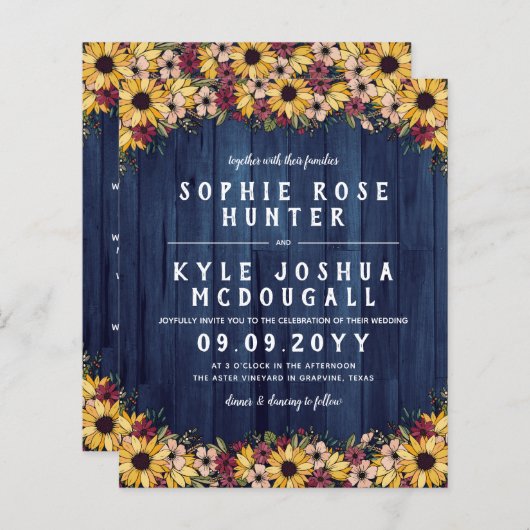 Papier Tournesols Rustiques Bleu Bois 2 En 1 Mariage Budg (Devant / Derrière)
