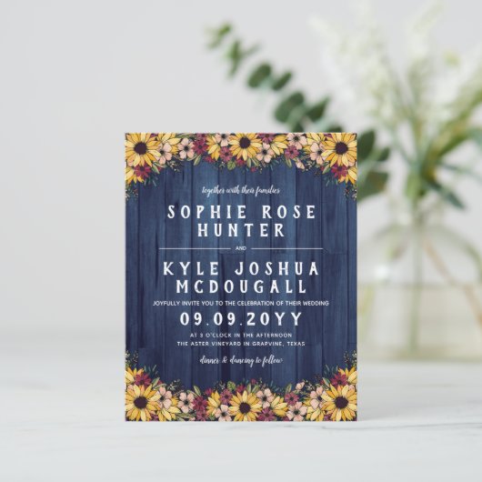 Papier Tournesols Rustiques Bleu Bois 2 En 1 Mariage Budg (Debout devant)