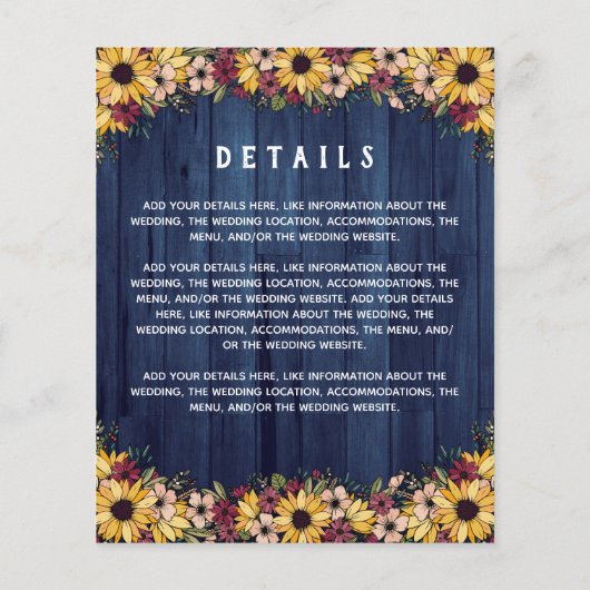 Papier Tournesols Rustiques Bleu Bois 2 En 1 Mariage Budg (Dos)