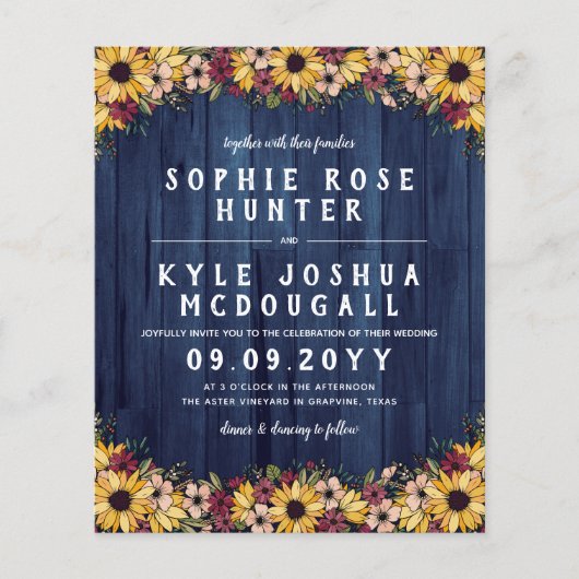 Papier Tournesols Rustiques Bleu Bois 2 En 1 Mariage Budg (Devant)