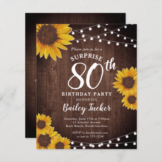 Papier Tournesols rustiques Surprise 80e anniversaire Inv (Devant / Derrière)