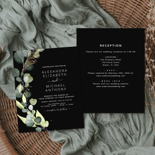 Papier Tout en un Eucalyptus Faire-part de mariage noir
