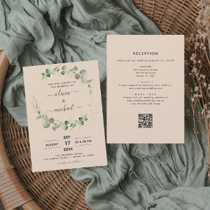 Papier Tout en un Eucalyptus QR Code Faire-part de mariag