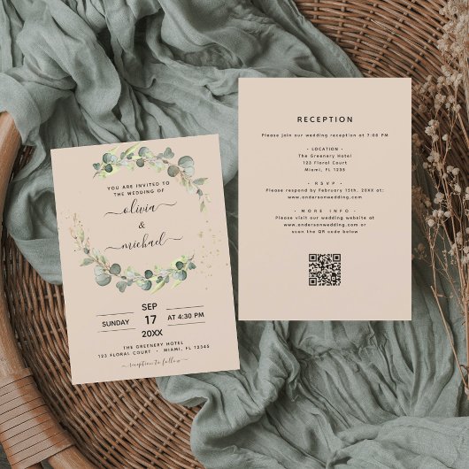 Papier Tout en un Eucalyptus QR Code Faire-part de mariag