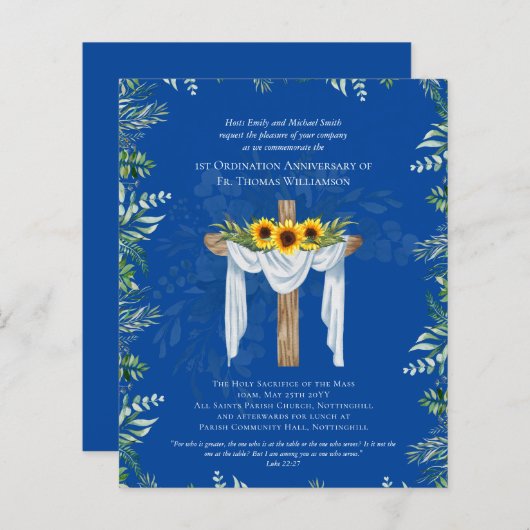 Papier TOUTE Invitation Anniversaire Ordination Tournesol (Devant / Derrière)