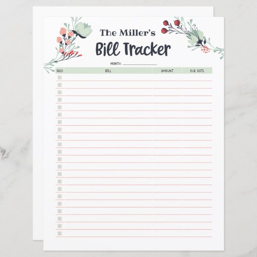 Papier Tracker de facture mensuelle dans un style floral  (Devant / Derrière)