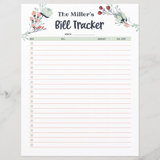 Papier Tracker de facture mensuelle dans un style floral  (Devant)