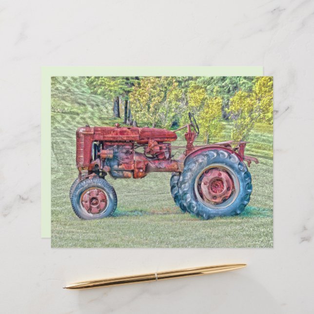 Papier Tracteur vintage Old Red Rustic Farm (Devant/Arrière en situation)