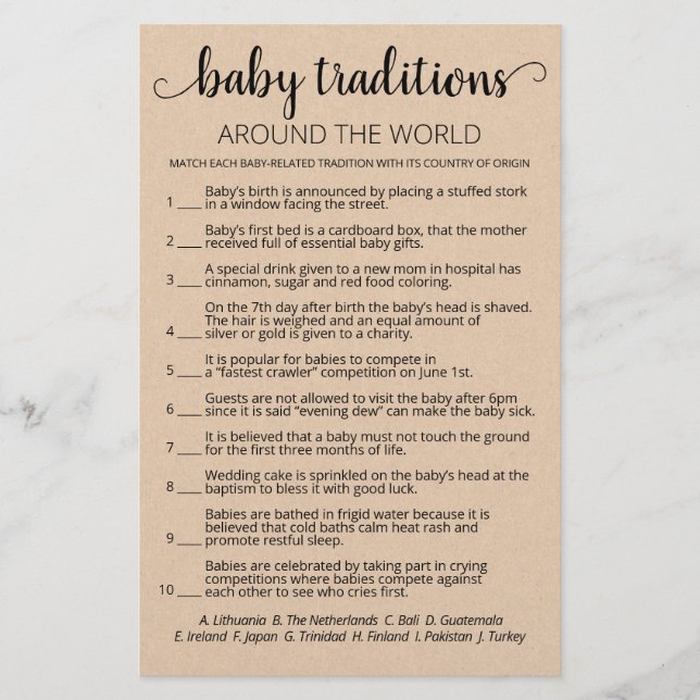 Papier Traditions de bébé Jeu de Baby Shower avec réponse (Devant)