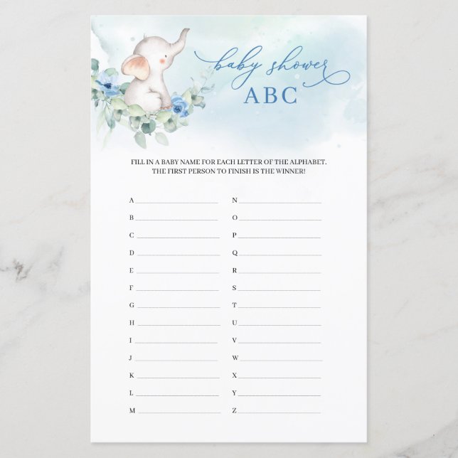 Papier Trendy bébé éléphant bleu floral Baby Shower ABC (Devant)