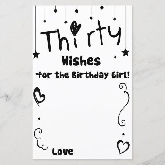 Papier Trente Voeux pour le jeu de fille d'anniversaire (Devant)