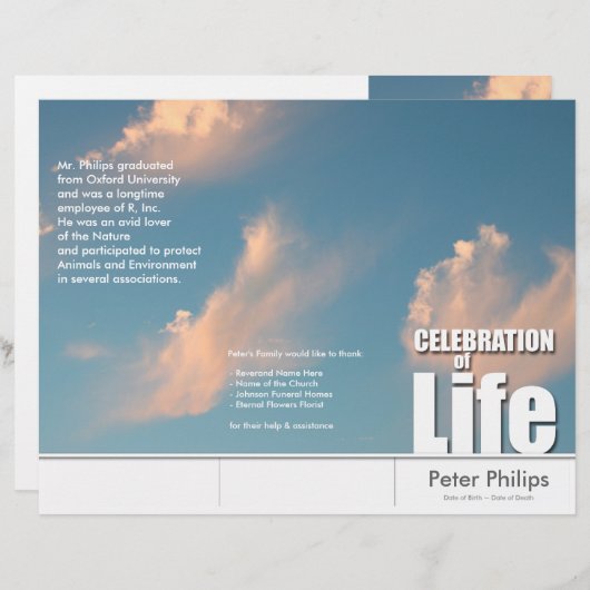 Papier Tri-Fold Face Cloud Memorial Service Program Circu (Devant / Derrière)