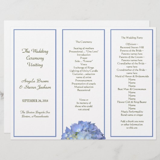 Papier Tri-pli, Blue Hydrangea Wedding Program (Devant / Derrière)