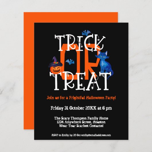 Papier Trick Budget Ou Traiter Halloween Invitation Noir (Devant / Derrière)