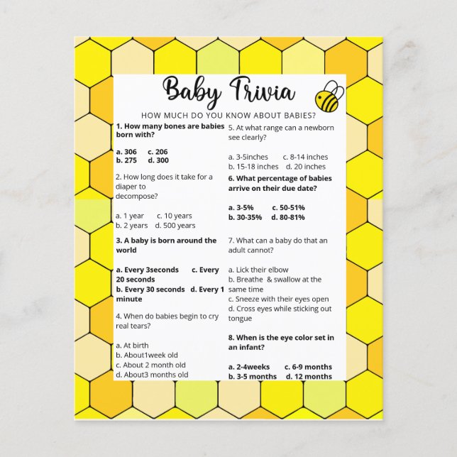 Papier Trivia Bee Baby | Jeu Baby shower (Devant)