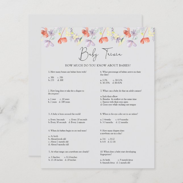Papier Trivia de bébé fleur sauvage | Jeu Baby shower (Devant / Derrière)