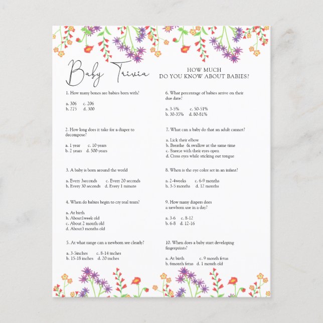 Papier Trivia de bébé fleur sauvage | Jeu Baby shower (Devant)