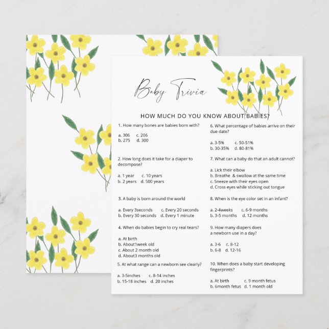 Papier Trivia de bébé fleur sauvage | Jeu Baby shower (Devant / Derrière)