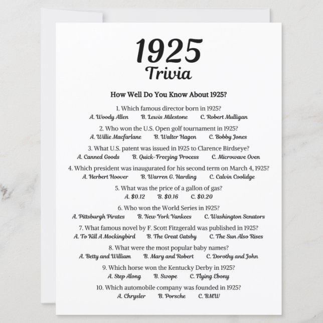 Papier Trivia Game 1925 | 100e fête d'anniversaire Jeu (Devant)
