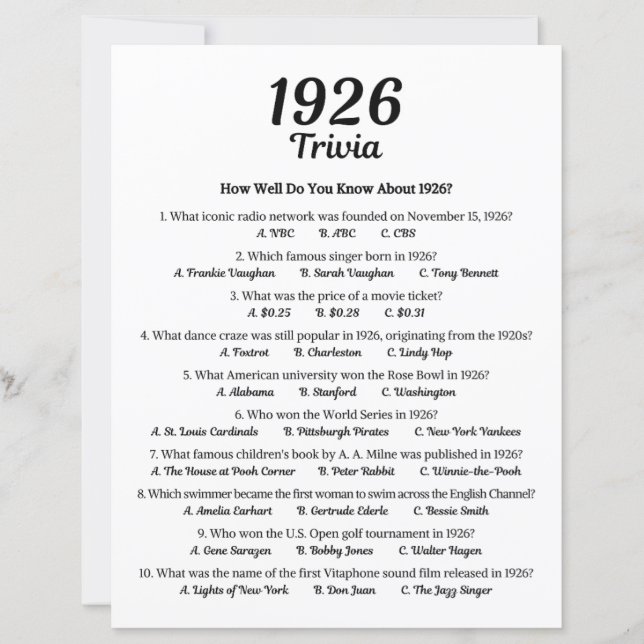 Papier Trivia Game 1926 | 99e fête d'anniversaire (Devant)